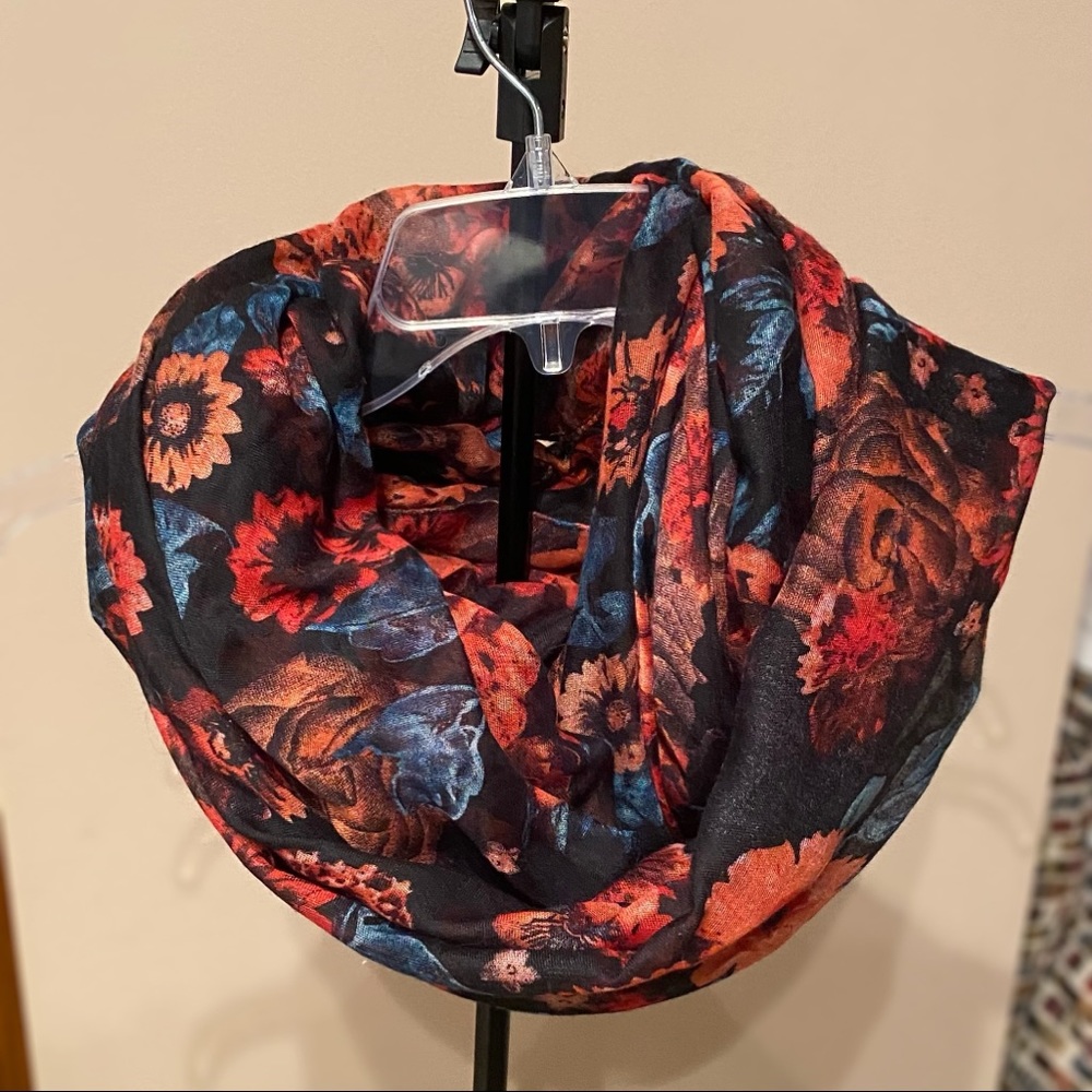 Black Infinity Scarf w/ Red & Blue Floral Pattern